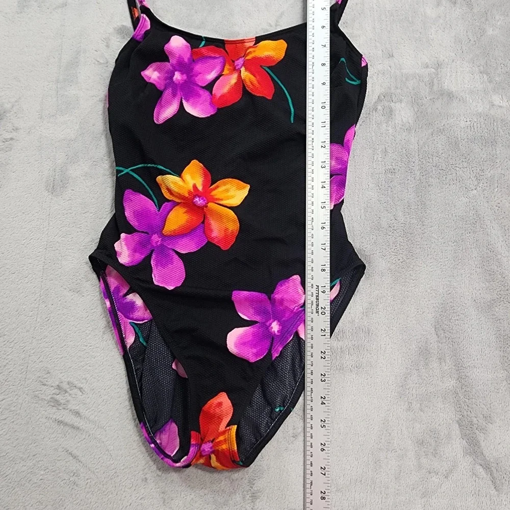 Vintage Beach Cabana Swimsuit M Black Floral One‎ Piece Padded Lined Stretch